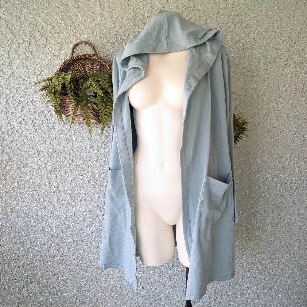 Eileen Fisher Organic Cotton Lyocell Blend Hooded Open Front Cardigan in Blue, M